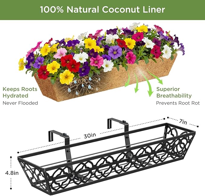 Y&M 6pcs 30 Inch Window Deck with Coco Liner, Fence Metal Hanging Flower Planter Window Basket Deck Railing Planter Boxes for Outdoor Garden Lawn,