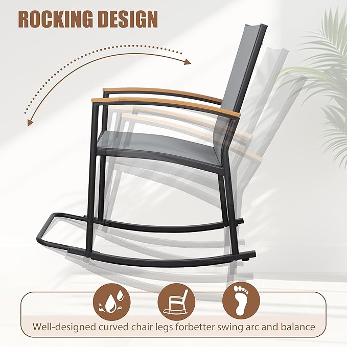 Shintenchi 3 Piece Outdoor Rocking Bistro Set, Textilene Fabric Small Patio Furniture Set, Front Porch Rocker Chairs Conversation Set with Table for Lawn, Garden, Balcony, Poolside (Light Gray)