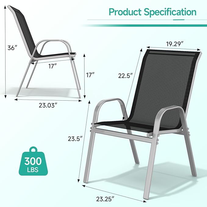 Patio Chairs Set of 4, Easily Set Up Stackable Outdoor Dining Chairs with High Back and Wide Seat, All Weather Breathable Outdoor Chairs Set of 4 with Metal Frame for Backyard Deck Pool, Black