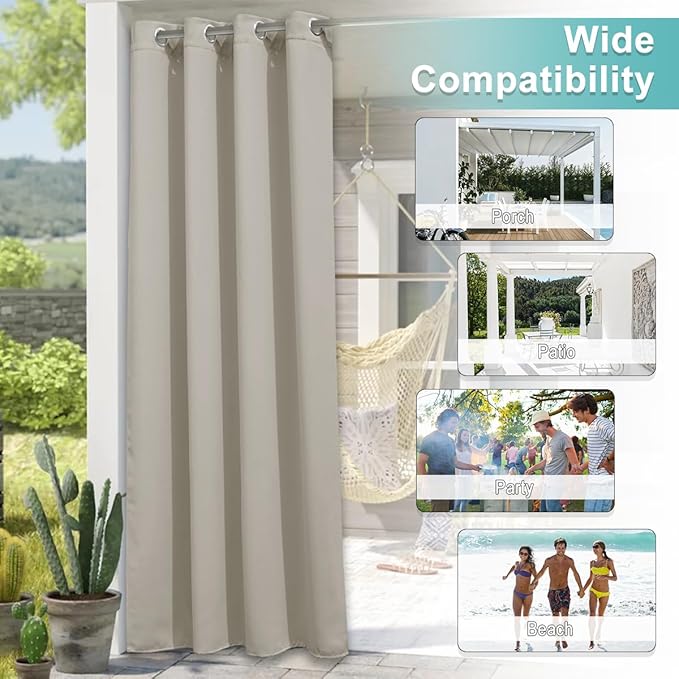 NICETOWN Outdoor Curtain for Patio Waterproof, W66 x L84 inch Blackout Thermal Insulating Outside Curtain for Gazebo Pavilion Pergola, Weatherproof Curtain for Summer, 1 Panel, Natural