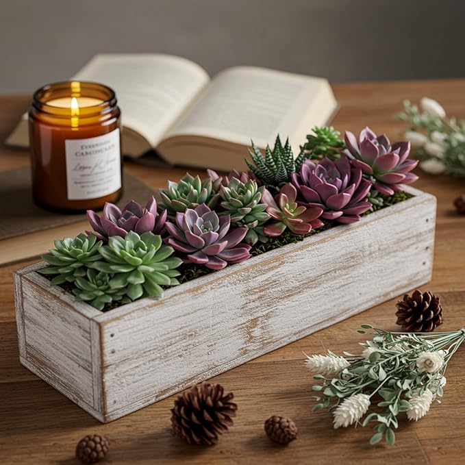 Dandat 10 Set Rectangle Wooden Planter Wood Boxes for Centerpieces Rustic Wooden Planters with Removable Plastic Liner Floral Foam Blocks for Wedding Table Bookshelf (12 x 4 Inch,White)