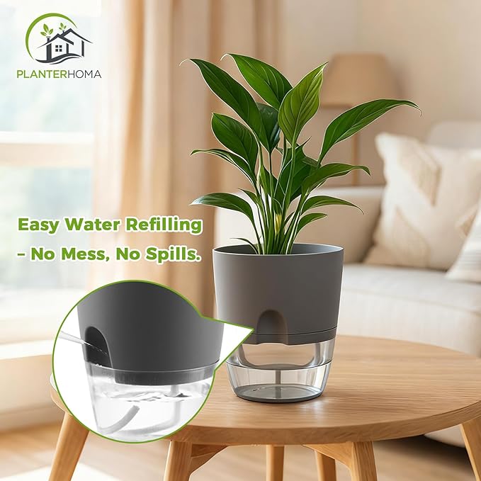 8 Pack Self Watering Pots for Indoor Plants, PlanterHoma 3.2 Inch Plant Pot Plastic Self Watering Planter for Orchid, African Violet, Mini Clear Flower Pots with Drainage Holes and Wicking Rope, Grey