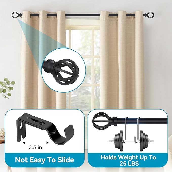 Black Curtain Rods for Windows 28 to 48 Inch, 2 Pack 5/8" Diameter Heavy Duty Metal Adjustable Small Drapery Rod With Bracket