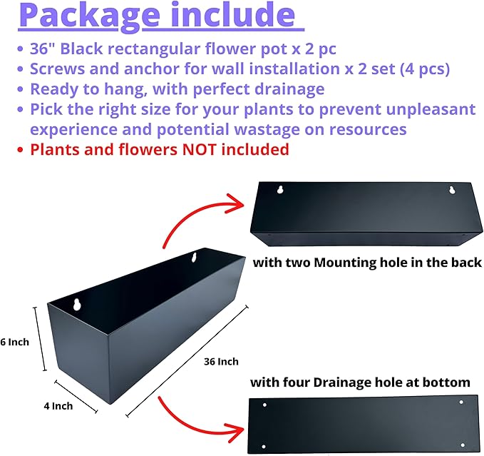 LaLaGreen Wall Planters (36 Inch, 2 Pack) Carbon Steel Black Metal Hanging Flower Pot for Succulents, Wall Mount Rectangular Long Window Sill Box Balcony Fence Floating Garden Shelf for Outdoor Decor