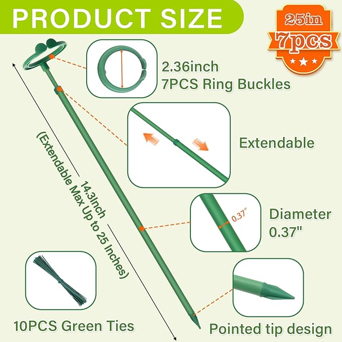 Extendable Plant Stakes,Adjustable Length from 14.3IN to 25IN Monstera Support Stakes with Clips,Sturdy Plant Stakes for Indoor Outdoor,Garden Sticks for Orchid,Tomato,Climbing Plants- 7Pack