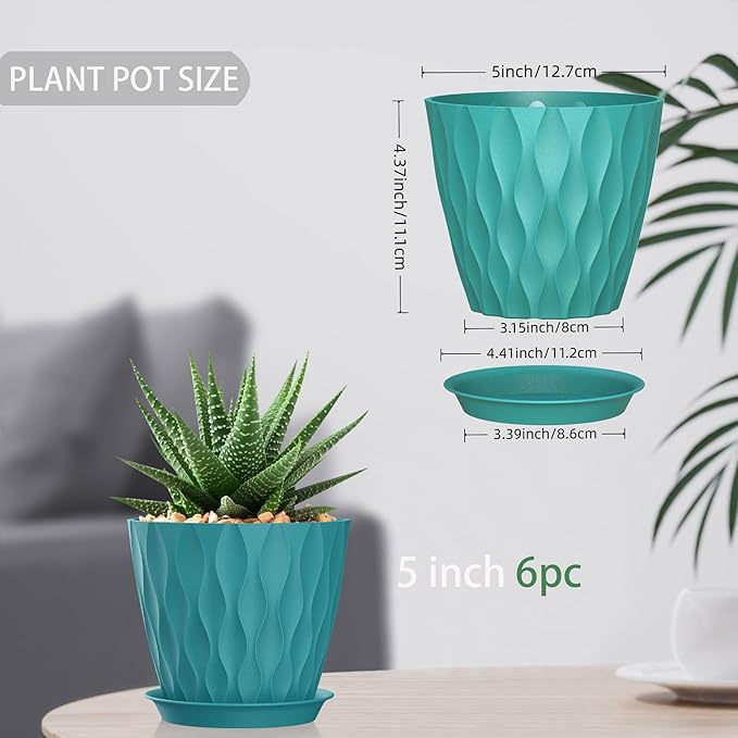 5 Inch Planter Pots, 6 Pack Indoor Planters, Small Flower Pots with Drainage Holes and Tray for Succulents, Orchids, Herbs and Other Indoor Plants (Blue-Green, 5inch)