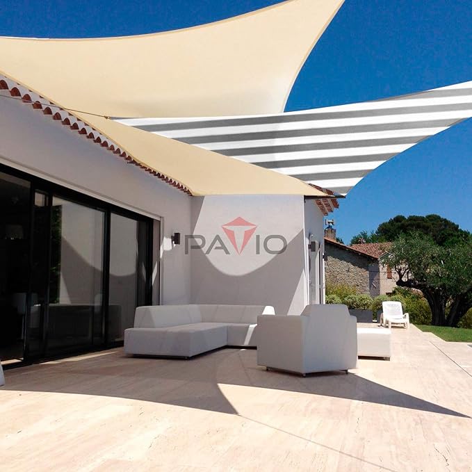 Patio Paradise 10' x 10' x 10' Sun Shade Sail Triangle Canopy Shade Cloth Fabric Sunlight Block Patio Pergola Cover HDPE Deck Awning for Outdoor Backyard Roof Shading, Gray White Strip