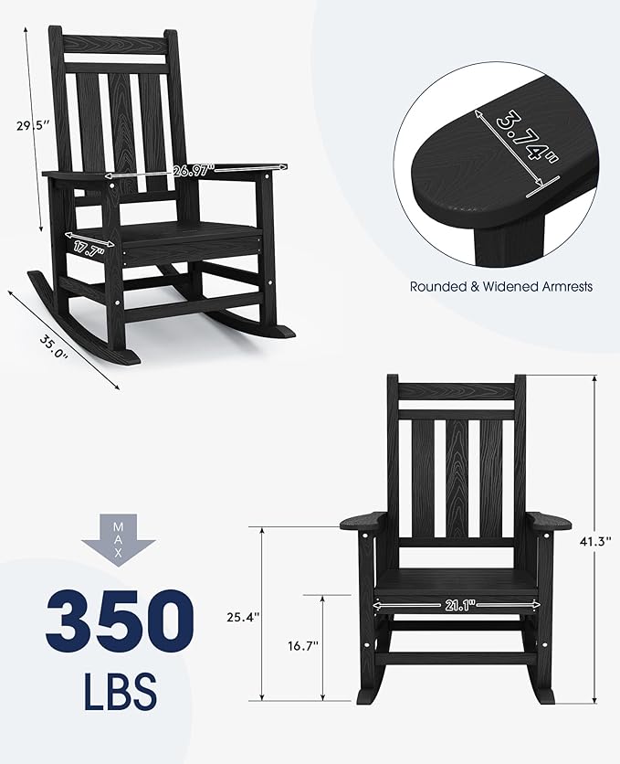 KINGYES Oversized Outdoor Rocking Chair Set of 6, All-Weather Patio Rocking Chairs for Porch, HDPE Outdoor Patio Rockers with High Back & Wide Seat for Garden, Lawn, Black