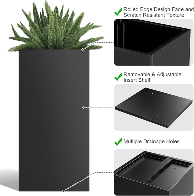 Metal Large Planter Box 15" L x 15" W x 30" H 2 Pack, Heavy Duty Tall Rectangle Outdoor Planter Box with Removable Insert Shelves for Porch, Garden, Patio, Yard (Black)