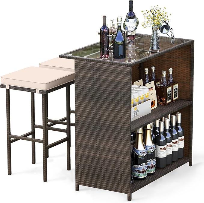 Tangkula 3 Piece Patio Bar Set, Outdoor Rattan Bar Table and 2 Stools with Tempered Glass Tabletop, 2-Tier Storage, Removable Cushions, Outside Wicker Conversation Set