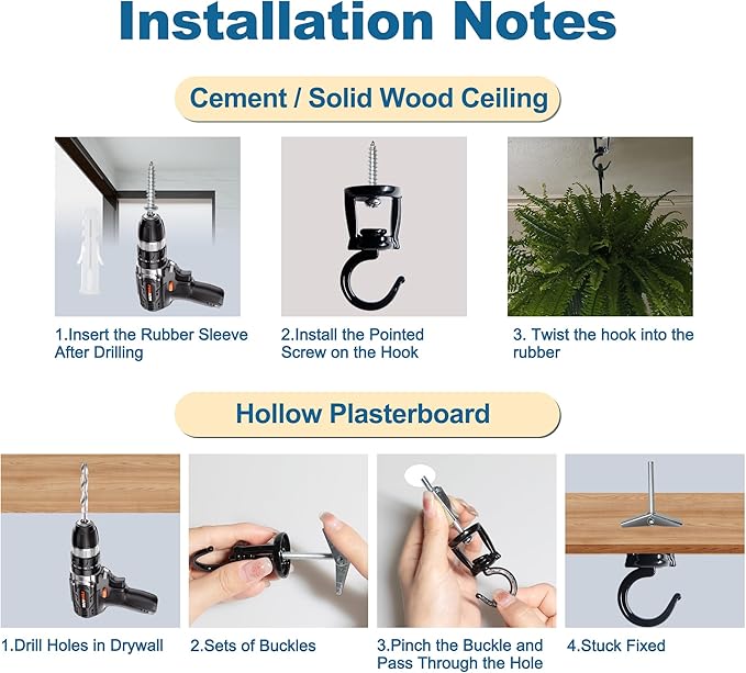ONIKK Ceiling Hooks for Hanging Plants (6 PCS Black), Heavy Duty Metal Plant Hooks, Screw in Hooks for Hanging Birdfeeders, Lamps, Planters, Indoor Outdoor Wall Baskets Hooks up to 33 lbs