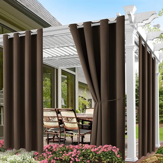 Outdoor Indoor Curtains for Patio - Weather-resistant Window Panels Privacy Protect Grommet Top Thermal Insulated for Porch Pergola Lawn Garden Hot Tub Area ( W52 x L63, Brown, 2 Panels)