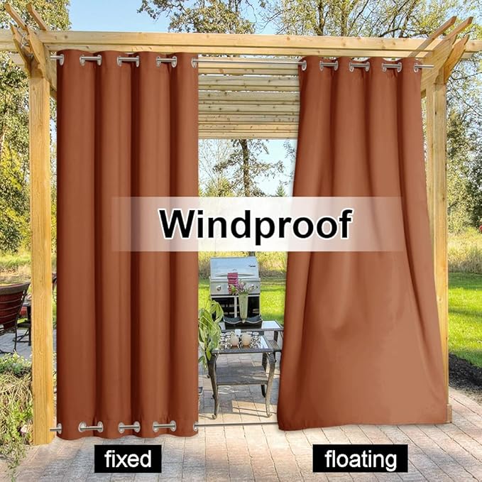 NICETOWN Outdoor Curtains Heavy Weight for Patio Waterproof & Windproof, Top and Bottom Rustproof Grommets Block The Sun & Heat Privacy for Yard/Porch, Burnt Orange, W52 x L108, 2PCs