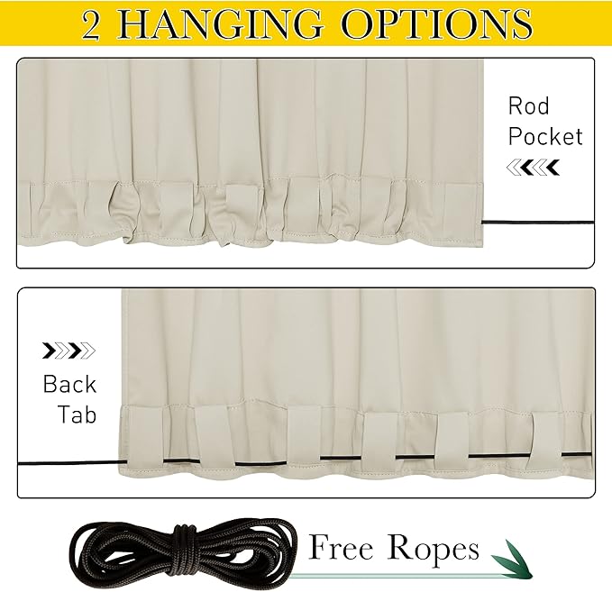NICETOWN 2 Panels Weighted Outdoor Curtains for Patio Waterproof, Top & Bottom Grommet & Back Tab Fixed Outdoor Curtains Windproof Drapes Thermal Insulated for Pergola, W84 x L95, Beige