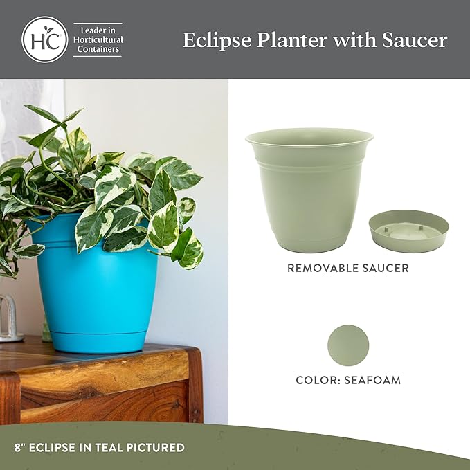 The HC Companies 6 Inch Eclipse Round Planter Pots with Drainage Holes & Attached Saucer, Lightweight UV-Resistant Plastic Indoor Outdoor Planters, 4-Pack Flower Pots for Garden & Home Decor, Seafoam