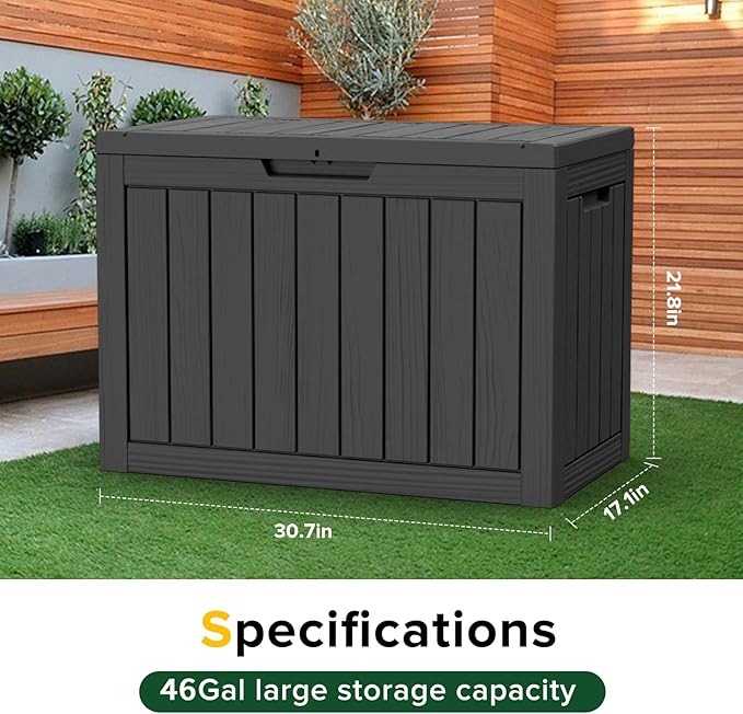 46 Gallon Outdoor Deck Box, Lockable Waterproof Outdoor Storage Boxes For Garden Tools,Indoor Cushions,Accessories Outside Storage Resin Weatherproof Container(Black)