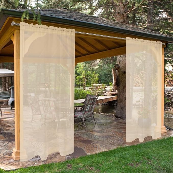 SpaceDresser Waterproof Outdoor Sheer Curtains for Patio - 4 Panels Rod Pocket Indoor Voile Sheer Curtain for Living Room,52W x 96L inch, Beige