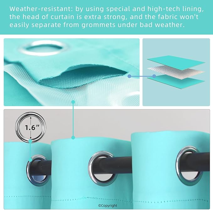 Outdoor Patio Curtain Waterproof Darkening Thermal Insulated Indoor Curtains for Bedroom, Porch, Living Room, Pergola, Cabana, W105 x L120 Extra Wide Room Divider, Teal Blue, Set of 2 Panels
