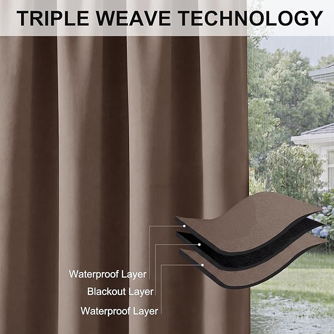 RYB HOME Patio Outdoor Curtains - Waterproof Outdoor Curtains Waterproof Privacy Shade Sun Light Block Insulating Drapes for Balcony Pergola Porch Decor, 1 Panel, W 52 x L 108 inches, Mocha