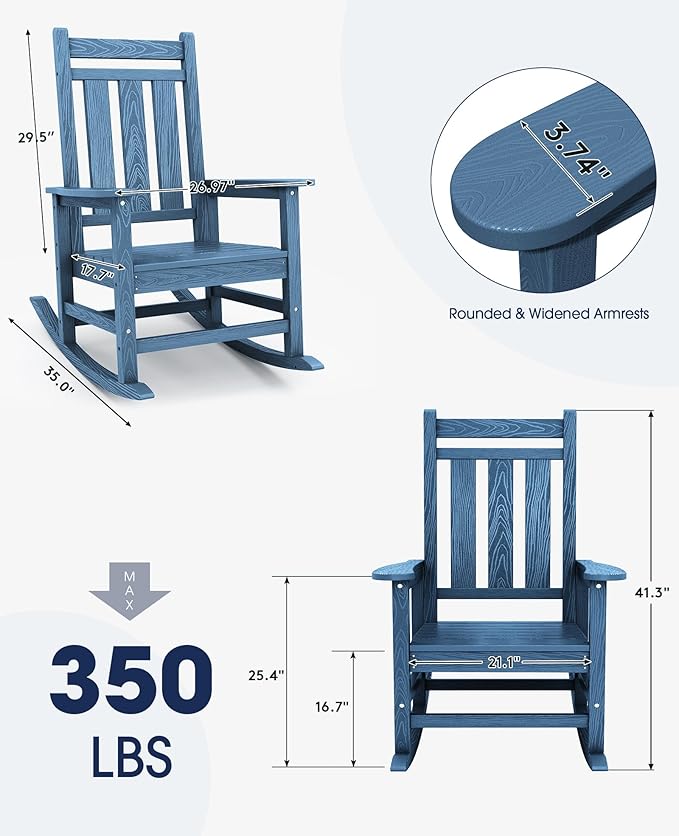 KINGYES Oversized Outdoor Rocking Chair Set of 6, All-Weather Patio Rocking Chairs for Porch, HDPE Outdoor Patio Rockers with High Back & Wide Seat for Garden, Lawn, Blue