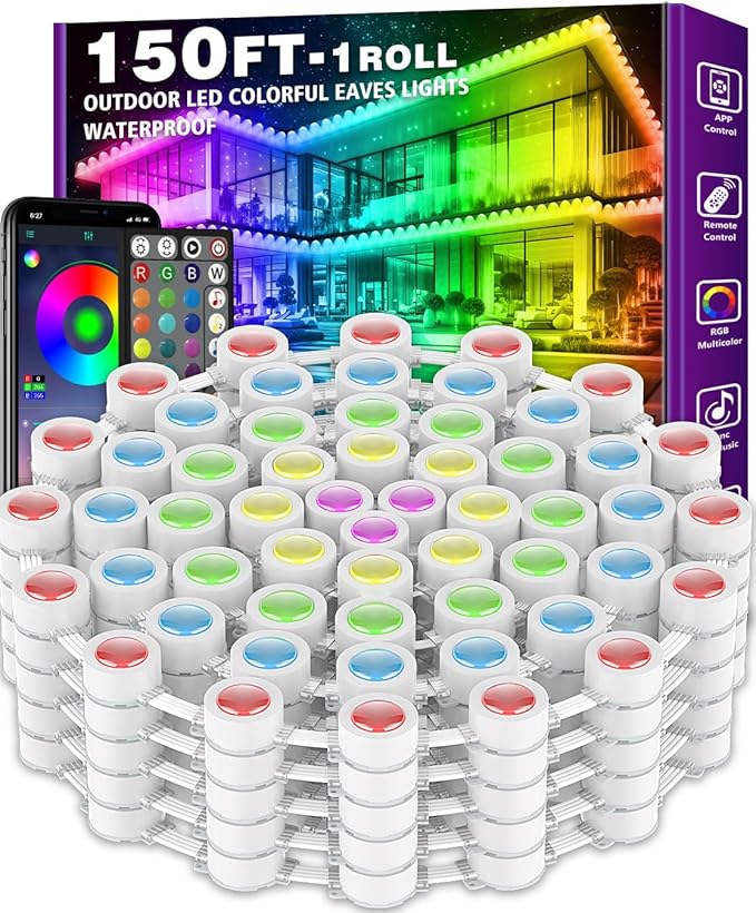 FBZ 150FT Permanent Outdoor RGB Lights - IP67 Waterproof with Smart App Control Remote,DIY Scene Modes, Music Synchronization,Eaves Lights for Garden Decor,Deck,Christmas