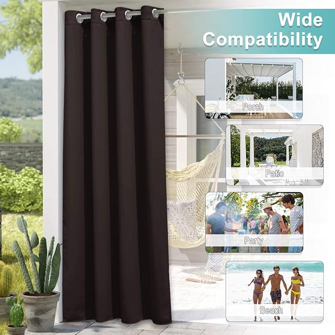 NICETOWN Indoor & Outdoor Curtain 95 Long for Patio Waterproof, Thermal Insulated Blackout Drape for Bedroom,UV & Privacy Protection Blind for Porch/Shower, 1 Panel, W52'' by L95'', Toffee Brown