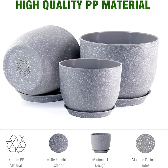 Flower Pots 9/8/7.5inch, Set of 3 Modern Decorative Plastic Planters with Drainage Holes and Saucers for Garden House Plants, Plant Pots for Indoor Outdoor Plants, Speckled Grey