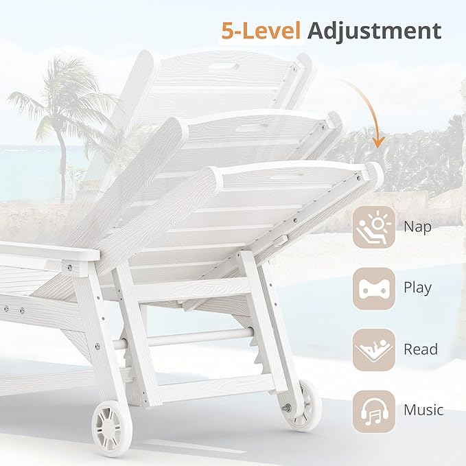 LUE BONA Outdoor Chaise Lounge Chairs Set of 4, HDPS Chaise Lounger, 5 Positions Adjustable Lounge Chairs, Pool Lounge Chair with Wheels for Poolside, White