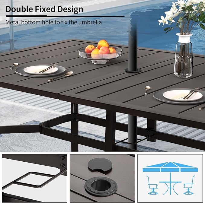 Outdoor Metal Steel Rectangle Patio Dining Table, 6 Person Patio Table with Adjustable Umbrella Hole, Weather-Resistant for Garden Backyard Porch, Dark Brown