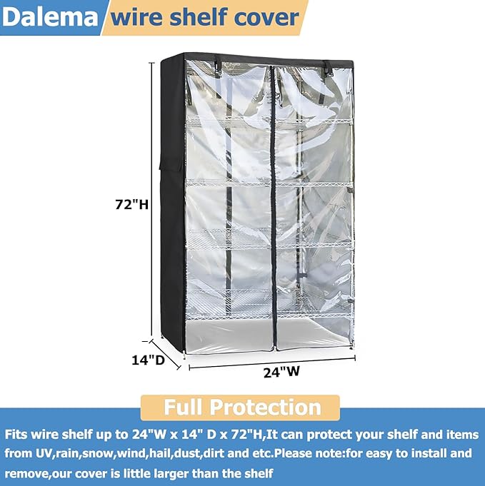 Waterproof Shelf Cover,Outdoor 600D Heavy Duty Dustproof Storage Shelves Cover,24''x14''x72'' Shelf Covers for Wire Shelving with Zippers,Storage Rack Covers with Clear Front