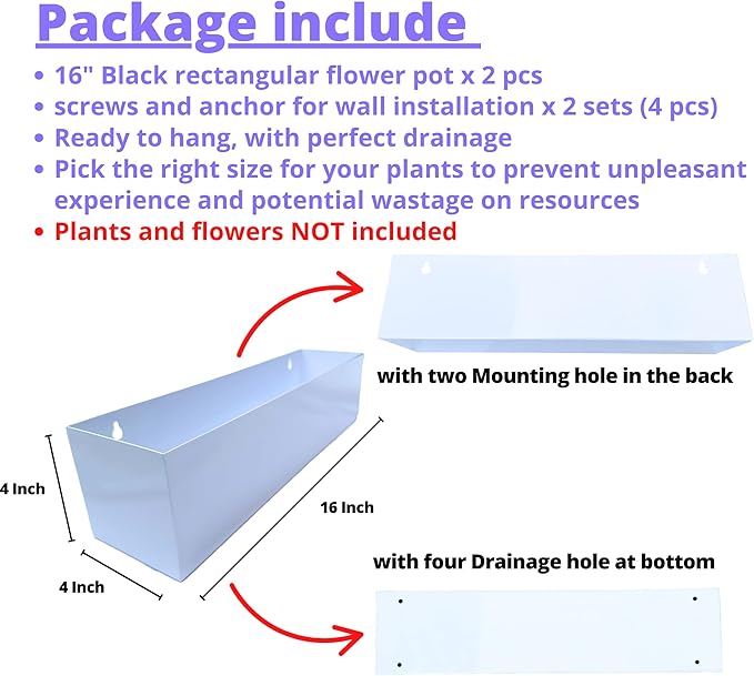LaLaGreen Wall Planter (16 Inch, 2 Pack) Carbon Steel White Metal Hanging Flower Pot for Succulents, Wall Mount Rectangular Window Sill Box Fence Floating Garden Shelf for Deck Indoor Outdoor Decor