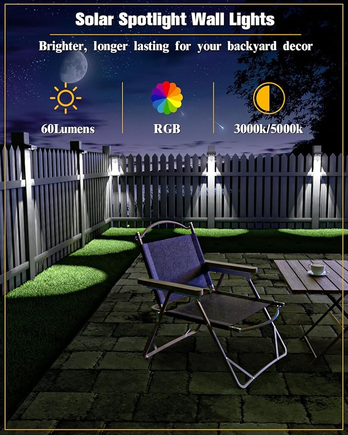 Solar Fence Lights 8 Pack, 50 Lumens Outdoor Fence Solar Lights with 12 Modes RGB Color Glow LED Solar Lights Outdoor Waterproof, Solar Lights for Patio, Backyard, Deck, Fence, Railing.