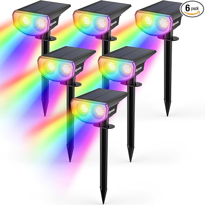 Kyosho Solar Spot Lights Outdoor, IP67 Waterproof Solar Lights for Yard, Garden and Walkways, 38 LEDs RGBW Multicolor Spotlight, 6 Pack