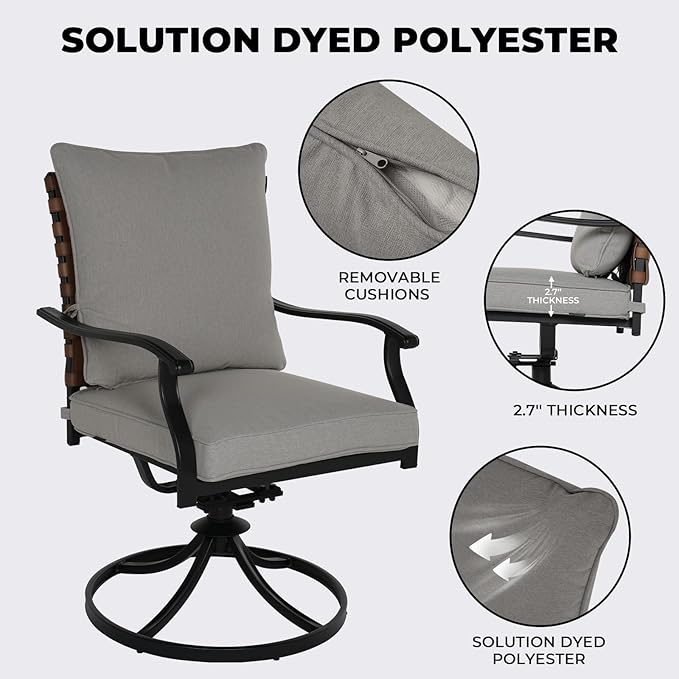 Grand patio 7-Piece Outdoor Dining Set, 6 Leather-Look Wicker Swivel Patio Chairs & 1 Straight Legs Rectangular Dining Table, Black