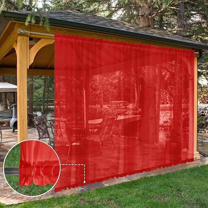SpaceDresser Waterproof Outdoor Sheer Curtains for Patio - 2 Panels Rod Pocket Indoor Voile Sheer Curtain for Living Room,100W x 84L inch, Red
