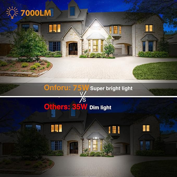 Onforu 2 Pack 75W Flood Lights Outdoor, 7000LM LED Flood Lighting Outdoor Switch Controlled, IP65 Waterproof Exterior Floodlight Fixture with 3 Adjustable Heads, 6500K Security Light for Garage Yard