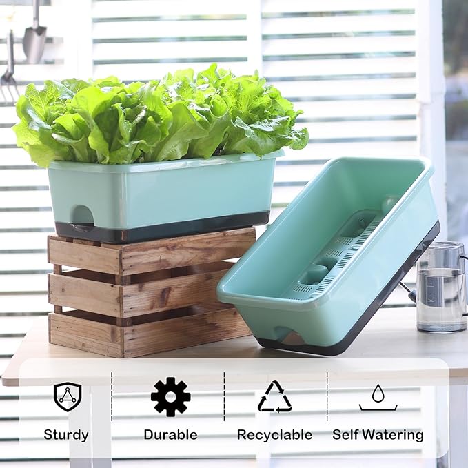 Window Box Planter 6 Pcs, 18 Inches Rectangle Flower Pots with Drainage Holes and Trays, Vegetable Planters for Windowsill Patio Garden Balcony Home Porch Yard Indoor Outdoor (Green, 18*10*6 inch)