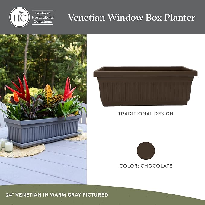 The HC Companies 30 Inch Venetian Window Planter Box with Drainage Plug, Lightweight UV-Resistant Plastic Indoor & Outdoor Planters, 2-Pack Flower Box for Garden & Home Decor, Chocolate