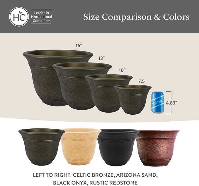 The HC Companies Sierra Round Self-Watering Pot - Lightweight Plastic Planter for Herbs & More - Durable Plant Pots for Indoor Plants & Outdoor Plants (16” Celtic Bronze, Pack of 2)