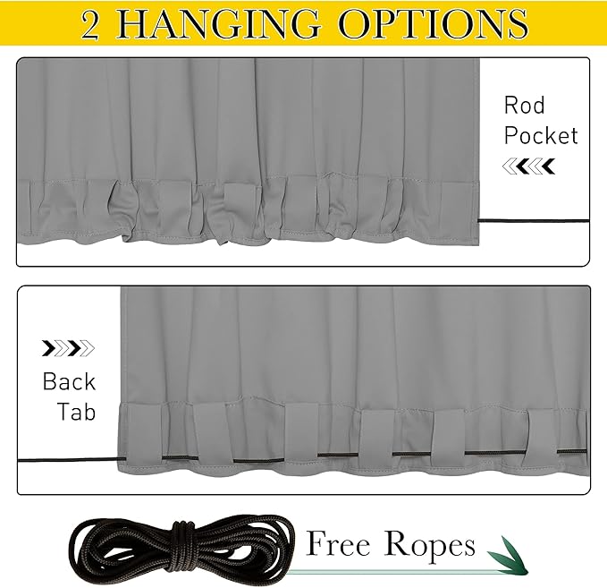 NICETOWN 2 Panels Weighted Outdoor Curtains for Patio Waterproof, Thermal Insulated Grommet & Back Tab on Top & Bottom Windproof Sun Blocking Draperies for Gazebo with Rope, Silver Grey, W66 x L84