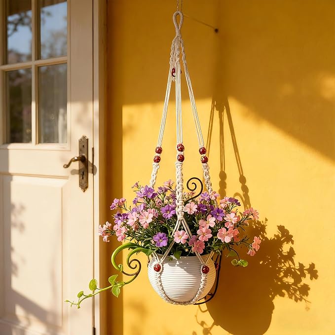 35 Inch Macrame Plant Hanger, Large for up to 15 Inch Pot Extra Long Hanging Planter Holder Basket with Wood Beads for Indoor Outdoor Home Decor (Ivory, 1-Pack)