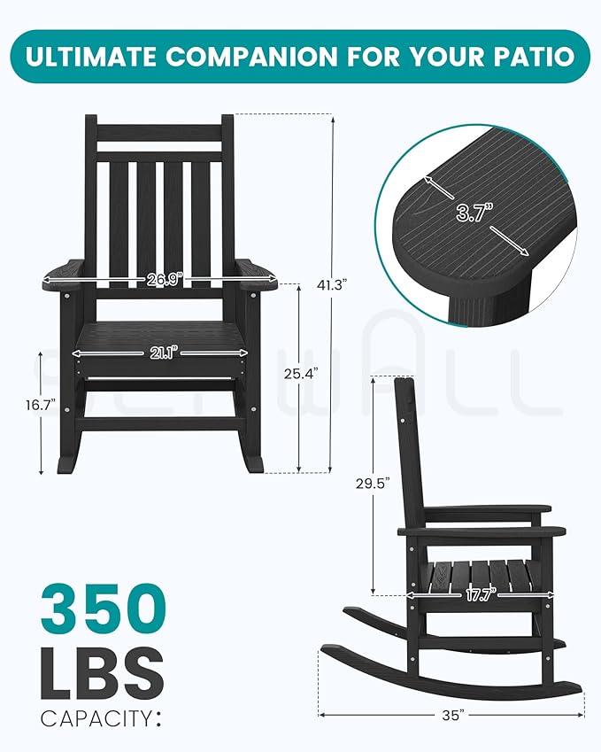 SERWALL Oversized Rocking Chair, Outdoor Rocking Chair for Adults, All Weather Resistant Porch Rocker for Lawn Garden, Black