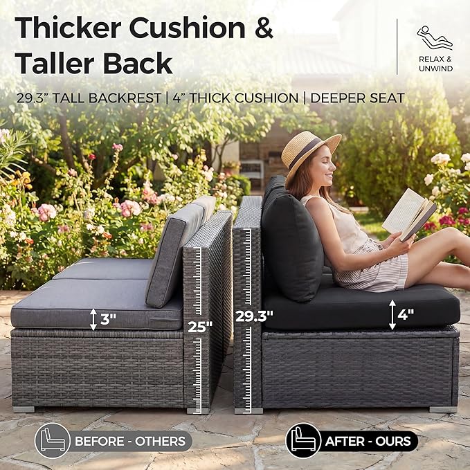 NICESOUL 7 Piece Outdoor Patio Sectional Furniture Set with Firepit Natural Gas/Propane, 29.3'' High-Back Comfy Conversations for Outside, Oversized Wide Wicker Couches, 2 Color Cushion Black & Gray