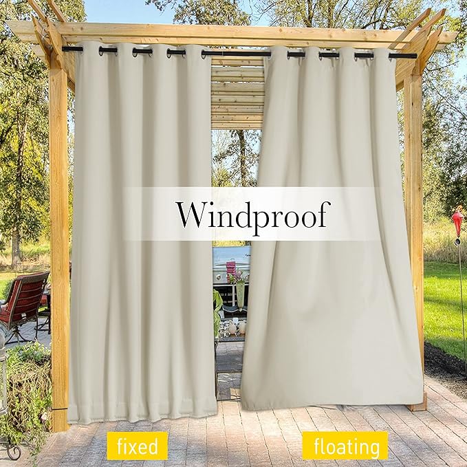 NICETOWN 2 Panels Outdoor Curtains for Patio Waterproof 84" Long, Windproof Grommet & Back Tab on Top & Bottom Thermal Insulated Sun Blocking Drapes with Rope for Gazebo, Beige, W100 per Panel