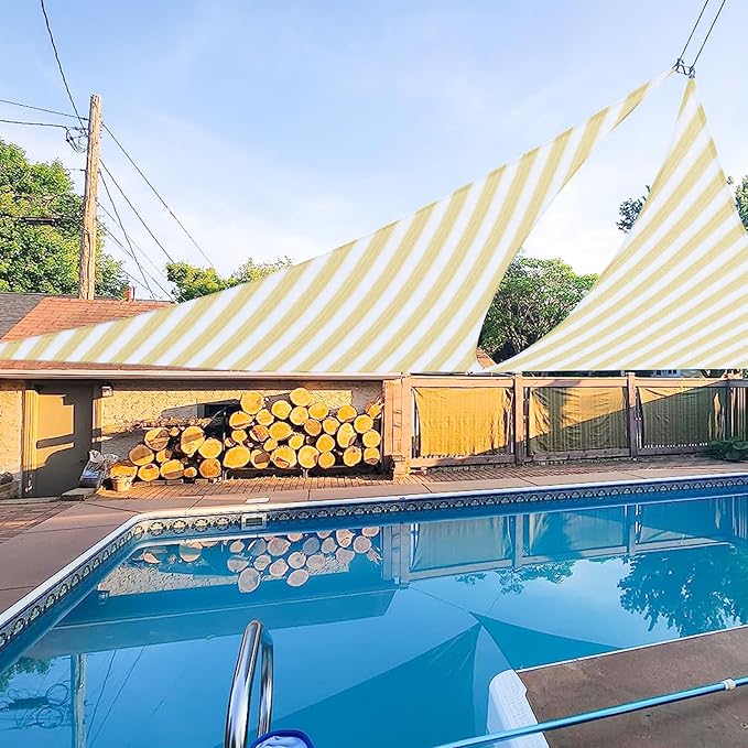 E&K Sunrise 26' x 26' x 26' Sun Shade Sail Triangle Canopy Shade Cover UV Block for Patio Backyard Garden Outdoor (Beige White Strip)