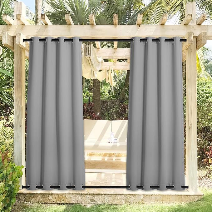NICETOWN Outdoor Curtains Sunblock with Rustproof Grommet Top and Bottom 2 Panels, Thermal Insulated Fixed Windproof Blackout Outdoor Curtain Drapes Privacy for Patio, W52 x L95, Silver Grey