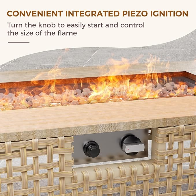 Grand patio 12-Piece Patio Furniture Set with 47" Fire Pit Table, Outdoor Conversation Set & 50,000 BTU 47 Inch Rectangle Propane Fire Pit & Storage Box with Water Resistant Thick Cushions, Cream