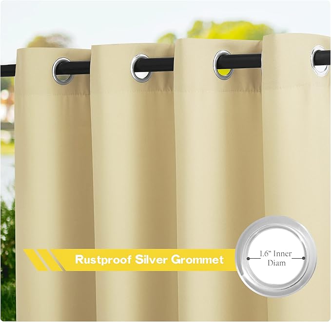 NICETOWN 2 Panels Outdoor Curtains for Patio Waterproof, Weatherproof Grommet Top Thick Indoor Outdoor Vertical Drapes Heat Block Dustproof for Porch/Cabana/Gazebo, Beige, W55 x L78