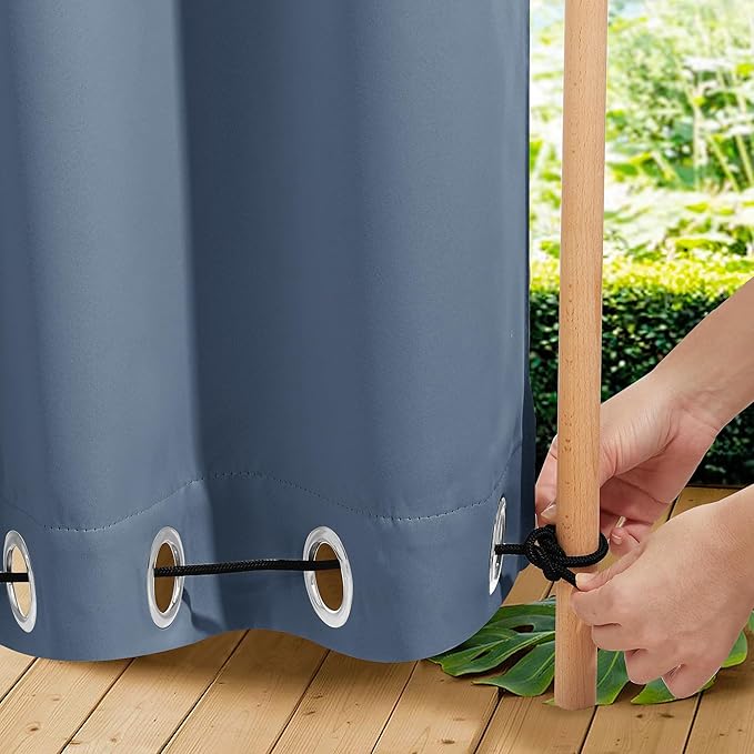 NICETOWN 2 Panels Weighted Outdoor Curtains for Patio Waterproof, Thermal Insulated Grommet & Back Tab on Top & Bottom Windproof Sun Blocking Draperies for Gazebo with Rope, Stone Blue, W66 x L84