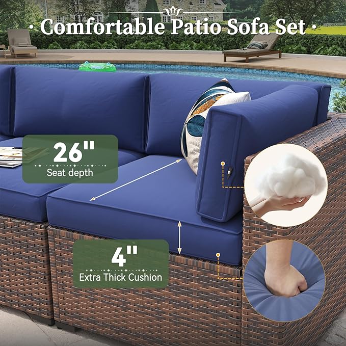 Aoxun 11 Piece Patio Furniture Set Wicker Rattan Patio Conversation Set Outdoor Sectional Sofa Set with Coffee Table and 4” Thickened Cushions, Blue(Waterproof Cover Included)
